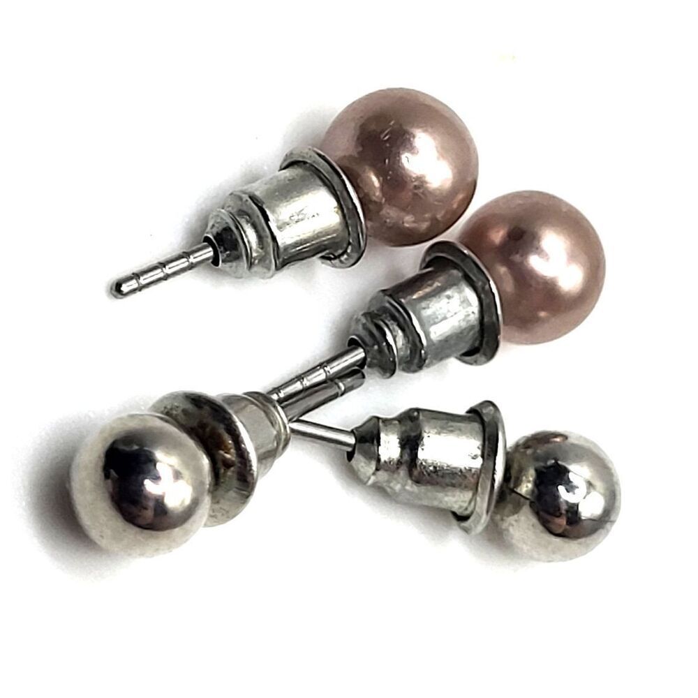Lot Of 2 Earrings Simulated Pearl and Silver Balls